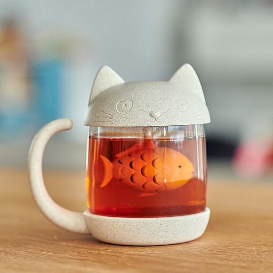 Imagen principal del producto Taza de té en forma de gatito con pez infusor